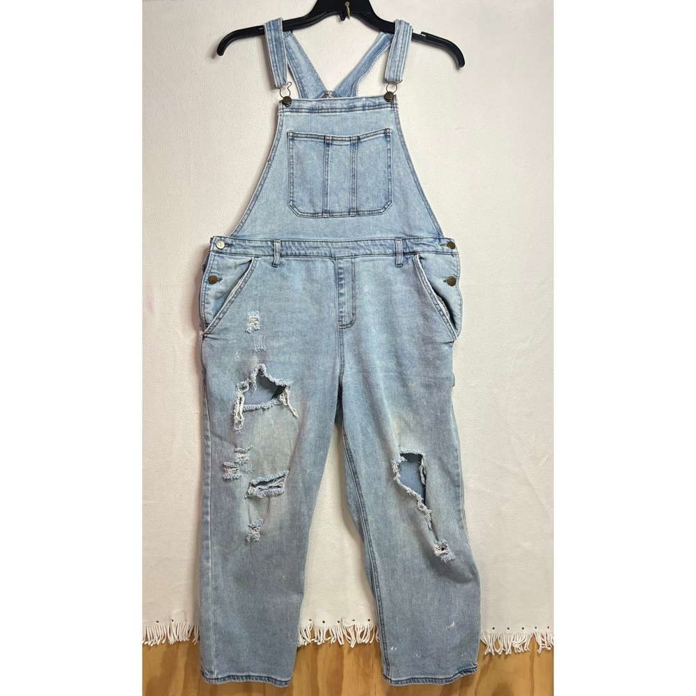 Wild Fable Womens XL Distressed Denim Overalls Light Wash Bib Straight Leg